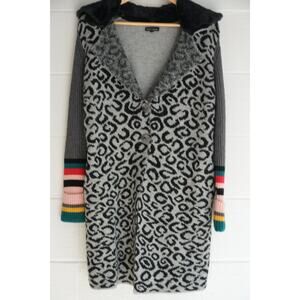 Dor Dor Couture Leopard Cardigan Coat with Faux Collar & Striped Cuffs Size S